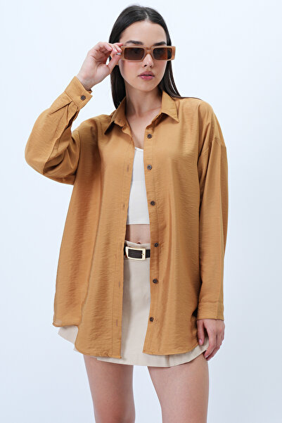 VAGGON قميص نسائي منسوج كبير الحجم من قماش الخردل Aerobin Vs00366