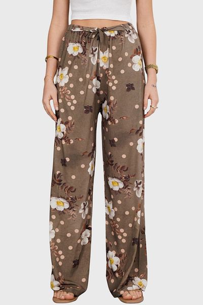 VAGGON Women's Khaki Elastic Waist Lace-Up Patterned Viscose Palazzo Pants Vs00371