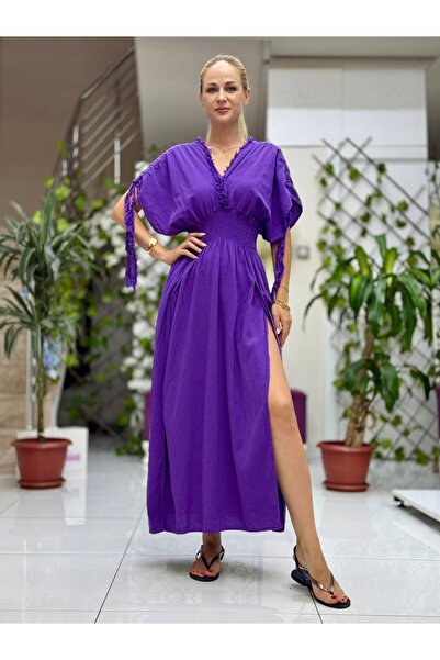 Punta Otantik Pt242500 Elastic Waist Collar Shoulder Tassel Deep Slit Coton Dress Purple