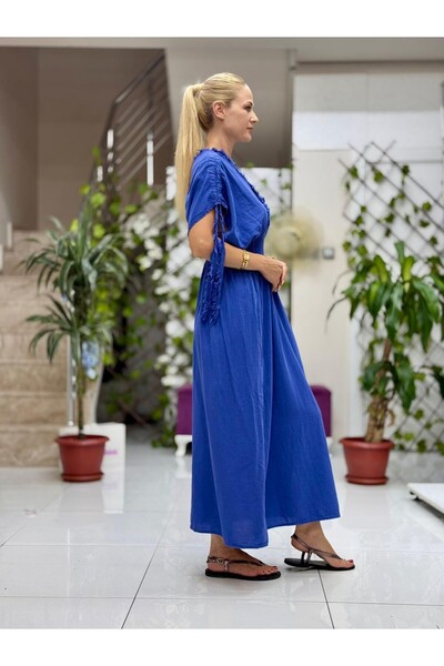 Punta Otantik Pt242500 Elastic Waist Collar Shoulder Tassel Deep Slit Cotton Dress Marine