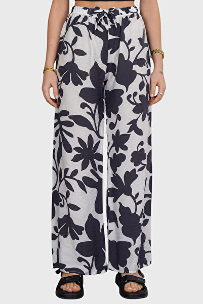 VAGGON Women's Anthracite Elastic Waist Lace-Up Patterned Viscose Palazzo Pants Vs00371