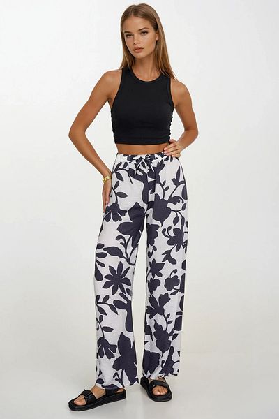 VAGGON Women's Anthracite Elastic Waist Lace-Up Patterned Viscose Palazzo Trousers Vs00371