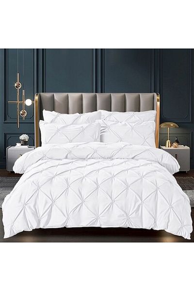 Pufulino Lenjerie Brodata Uni, Model cu Pliuri, Bumbac 100%, 6 Piese, Pat 2 Persoane – Alba