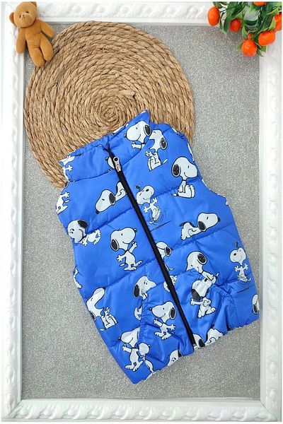 BEBENAZ Sax Blue Happy Dog Pattern Inner Lining Zipper Children's down Vest