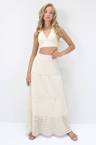 VAGGON Women's Ecru Lined Guipure Skirt Prmx14249