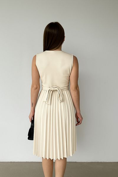 Deafox Beige Pleated and Belted Zero Sleeve Collar Belted Dress