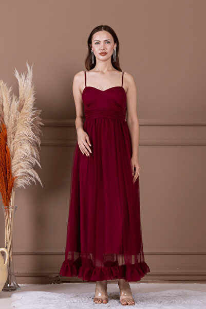 BEYBOS Tulle Fabric Gather Detailed Dress - Bordo