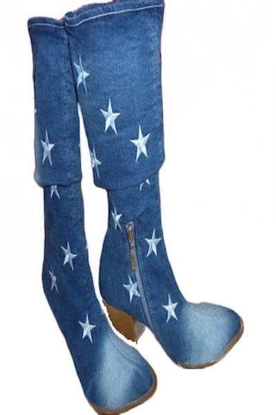 blue moon - Cizme din denim cu toc înalt și stea, albastre, mărimea 36