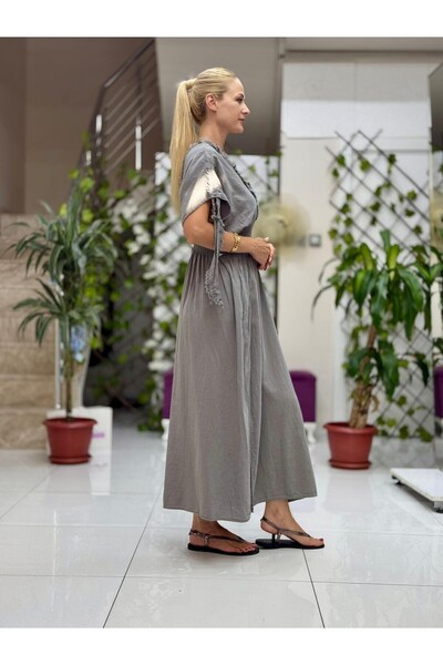 Punta Otantik Pt242500 Elastic Waist Collar Shoulder Tassel Deep Slit Cotton Dress Gray