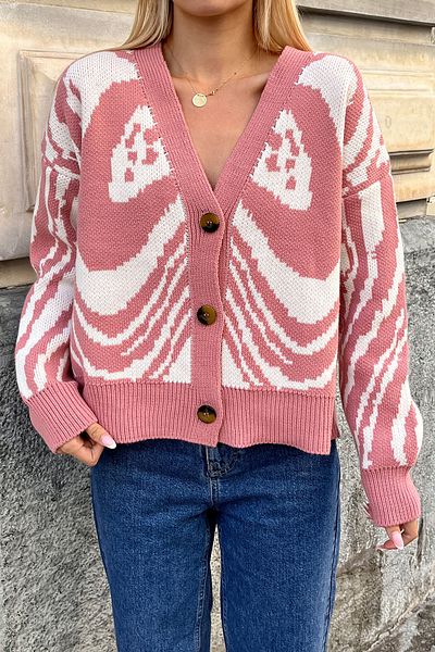 VAGGON Women's Powder V-Neck Button Abstract Pattern Thick Knitted Cardigan Esq7639