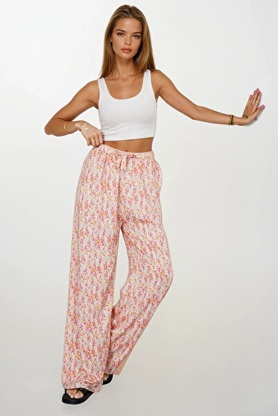 VAGGON Women's Pink Elastic Waist Lace-Up Patterned Viscose Palazzo Pants Vs00371