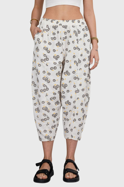 VAGGON Women's Ecru-Black Patterned Linen Trousers with Elastic Waist Vs00372