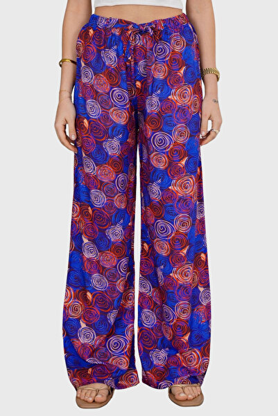 VAGGON Women's Mix Elastic Waist Lace-Up Patterned Viscose Palazzo Pants Vs00371