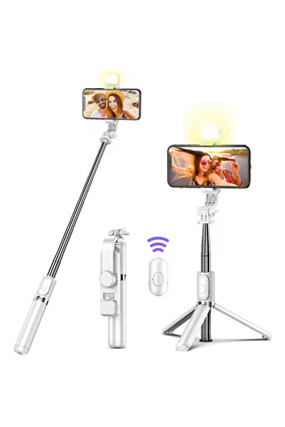 sgeteknoloji White Color Lighted Bluetooth Controlled Vertical and Horizontal Shooting Selfie Stick with Tripod Self Shooting Tripod