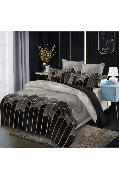 Casa de Vis Double Bed Linen, Premium Cotton Finet, 6 Pieces, 2 Persons, Geometric Blue
