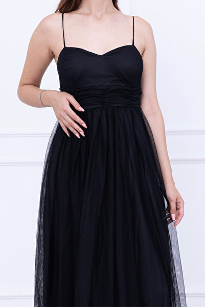 BEYBOS Tül Kumaş Büzgü Detaylı Elbise - SİYAH