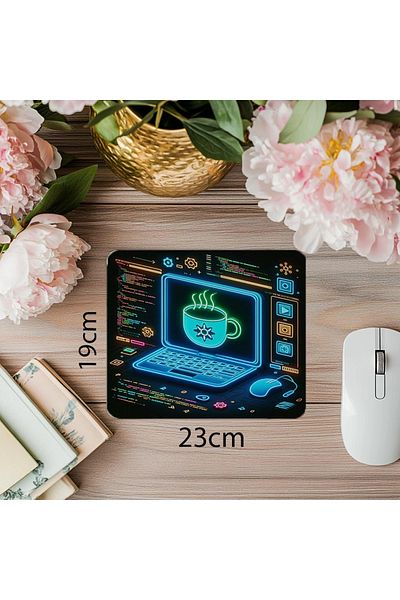 Luluyen Dark Mousepad with Neon Coffee Icon - 19X23 cm 2 mm Rectangle Imported Printed Mouse Pad