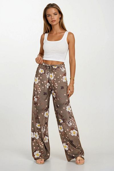 VAGGON Women's Khaki Elastic Waist Lace-Up Patterned Viscose Palazzo Pants Vs00371