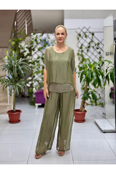 Punta Otantik Nc6641 Italian Pulpayetted Silk Suit Khaki