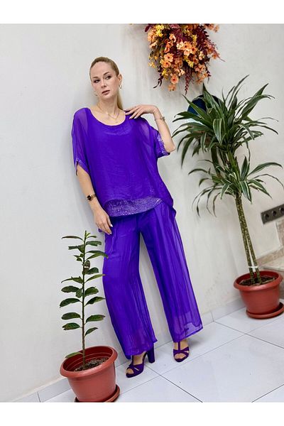 Punta Otantik Nc6641 Italian Pulpayetted Silk Suit Purple