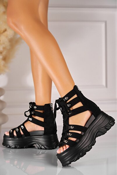 Joana Sandale dama cu platforma Negre din Piele Ecologica Intoarsa Ayany