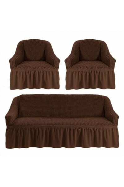 TURCIA Set huse pentru canapea de 3 locuri si 2 fotolii din bumbac elasticizat si creponat 3-1-1 maro inchi