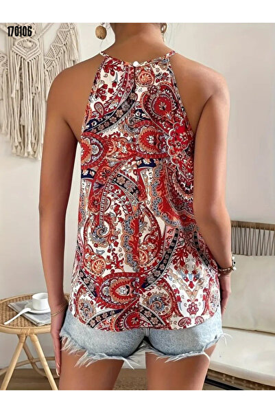 Modayakamoz Kadın Yazlık Halter Yaka Bluz Damla Detaylı Desenli Süprem Bluz