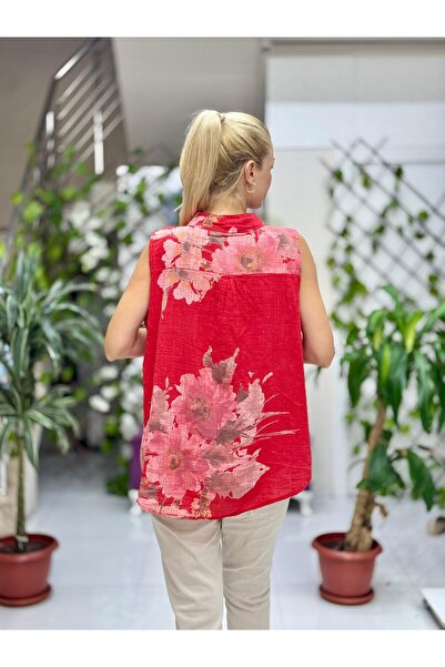 Punta Otantik Ls8819A Sleeveless Cotton Italian Blouse with Pockets Red