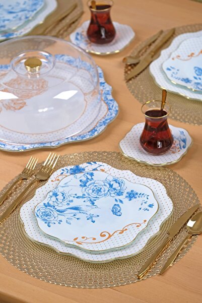 Glore Blue Gold 34 Parça 6 Kişilik Altın Yaldızlı Pasta Servis Takımı