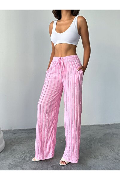 BE CHİC Women's High Waist Lace up Self Striped Detail Baggy Pants with Pockets Flawless Palazzo Pants Rd1105