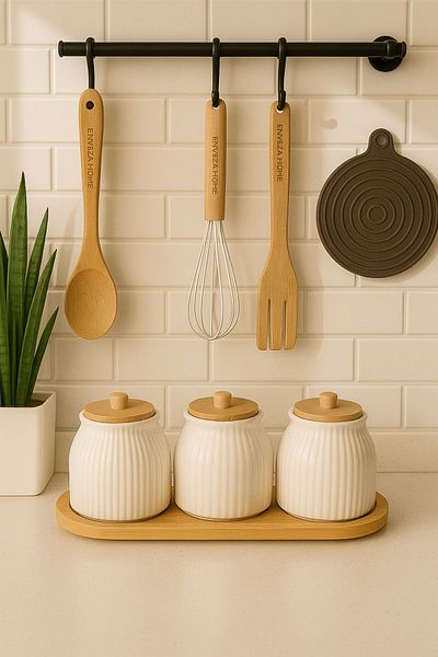 ENYAZA(2024) 3-Piece Daisy Patterned Bamboo Lid and Stand Porcelain Tea, Sugar, Salt, Coffee Jar Storage Container