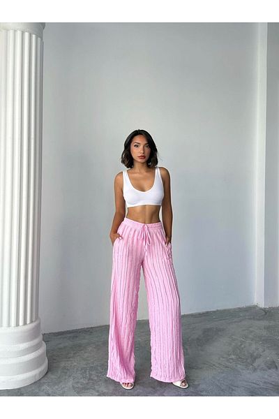 BE CHİC Women's High Waist Lace up Self Striped Detail Baggy Pants with Pockets Flawless Palazzo Pants Rd1105