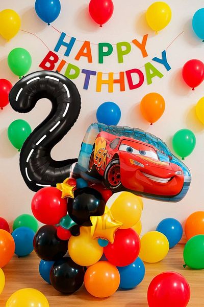 PARTİAVM 2 Years Old Cars Cars Lightning Mcqueen Race Car Concept Balloon Set Race Car Birthday Set