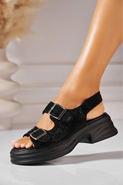 Joana Sandale dama cu platforma Negre din Piele Ecologica Intoarsa Ceylona