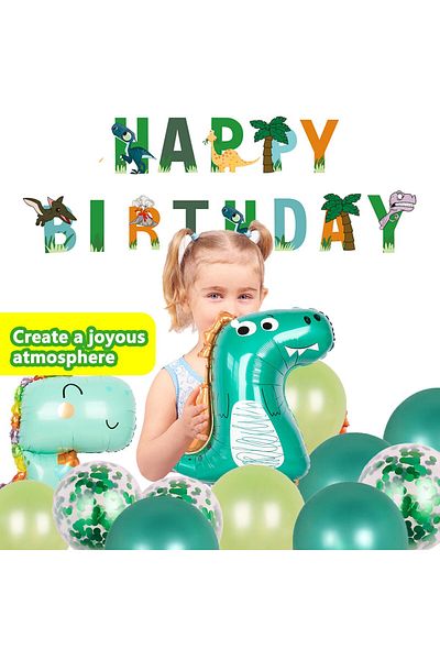 COOYA Dinosaur Birthday Decorations,Cute Dino Balloon,Happy Birthday Banner Confetti Green Latex Balloon