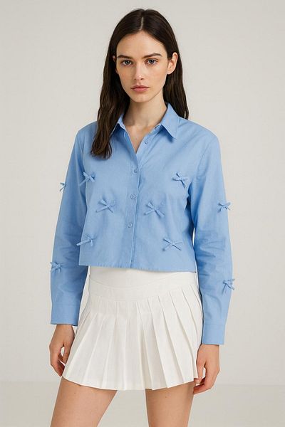 HAKKE Terry Cotton Bow Detail Crop Shirt