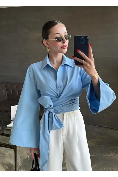 Lusin Дамска бебешко синя мюсюлманска платнена премиум риза