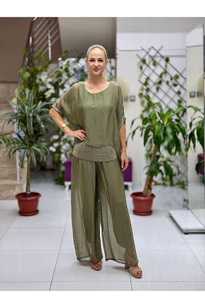 Punta Otantik Nc6641 Italian Pulpayetted Silk Suit Khaki