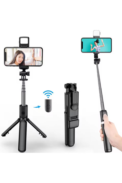 sgeteknoloji Black Color Lighted Bluetooth Controlled Vertical and Horizontal Shooting Selfie Stick with Tripod Selfie Stick