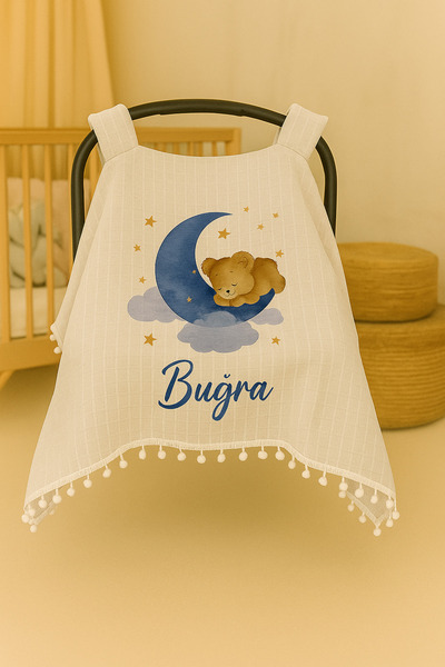 Moda Lime Kişiye Özel Mavi Ay ve Uyuyan Ayıcık Desenli Bebek Puset Örtüsü – İ...