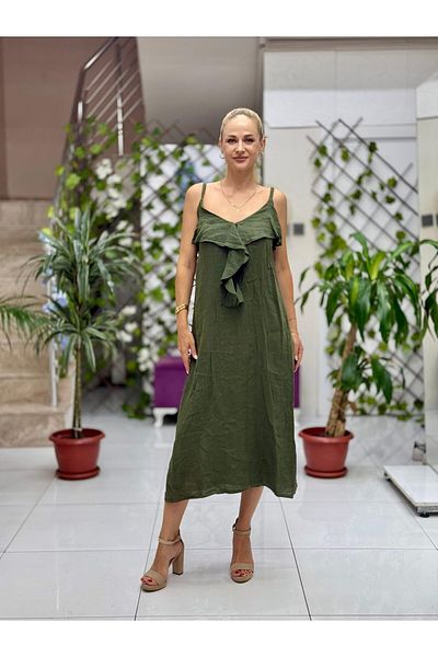 Punta Otantik Nc2132 Linen Front Ruffle Italian Dress with Rope Strap Khaki