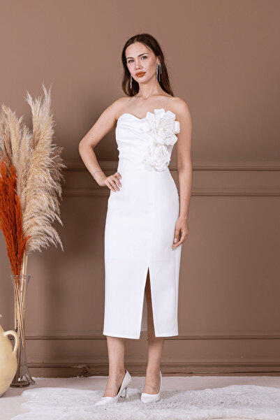 BEYBOS Atlas Kumaş Gül Detaylı Straplez Kalem Elbise - BEYAZ