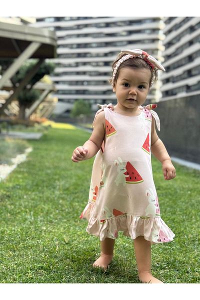 BabyDia Watermelon Patterned Shoulder Tie Dress 12Ay-5Years