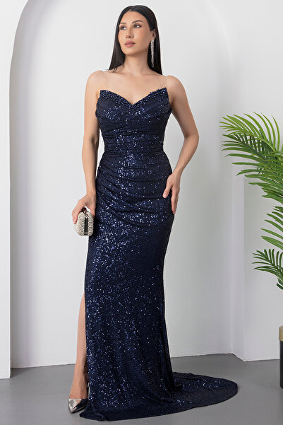 PULLIMM Straplez Yaka Göğüs Boncuklu Yırtmaçlı Elbise DMN4971