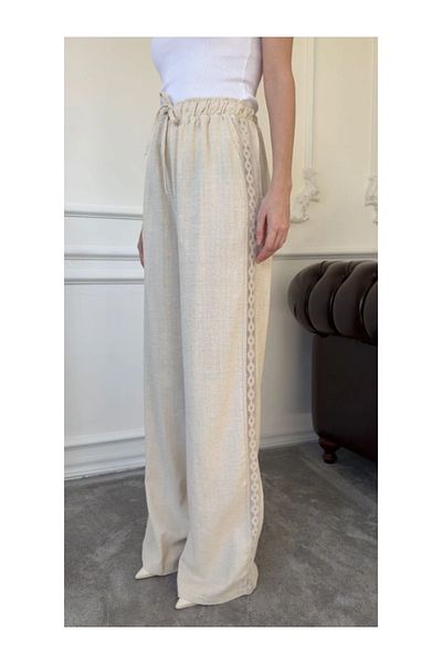My Blog Natural 100% Cotton Side Lace Detailed Trousers - 3749