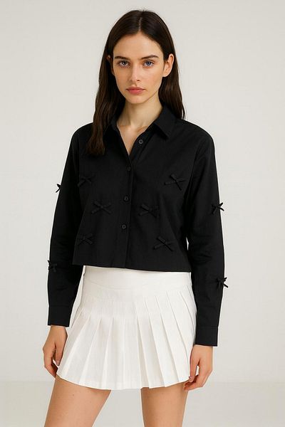 HAKKE Terry Cotton Bow Detail Crop Shirt