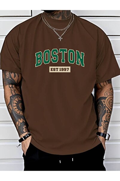 Harajuku Style رقبة دائرية مطبوعة للرجال باللون البني والأبيض والأسود والرماد...