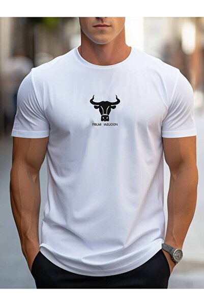 Harajuku Style Tricou alb cu imprimeu BULL HEAD pentru bărbați, cu gât crew, ...