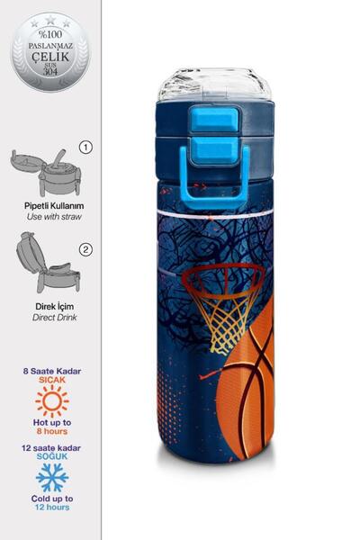 Coral High Kids Orange Navy Blue Basketball Patterned Straw and Direct Drinki...