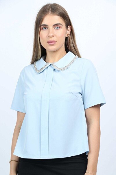 Nichii Short Sleeve Blouse with Embroidered Collar